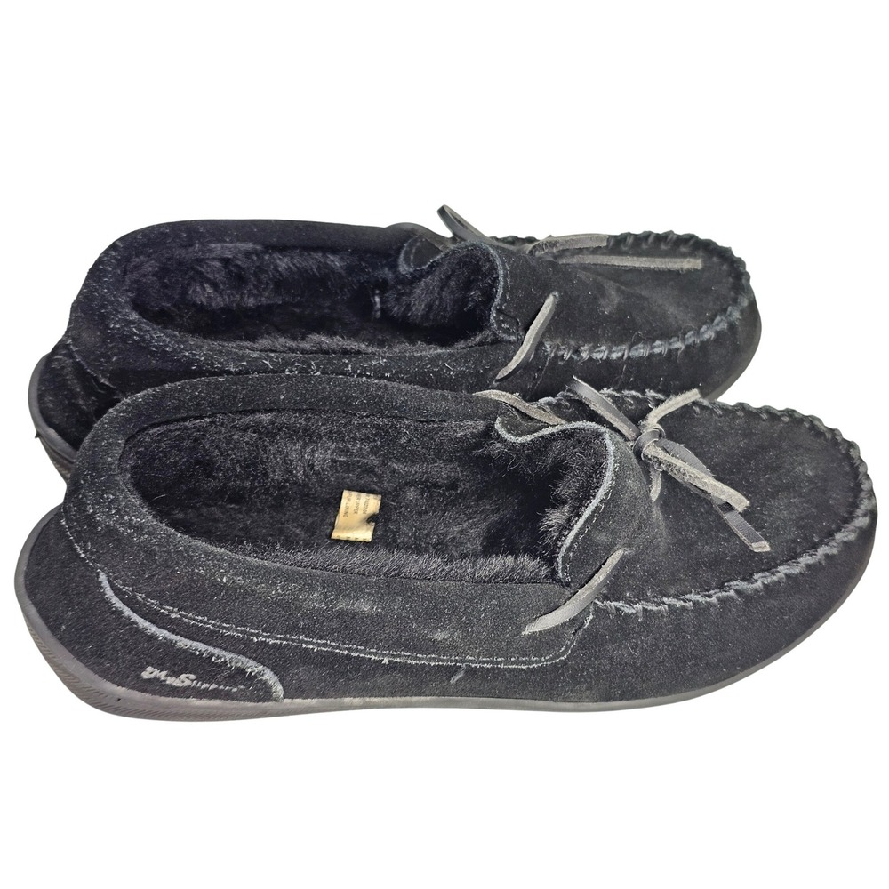 MySlippers Black Suede Moccasin Slippers Faux Fur Lined Mens Size 9 74022-04